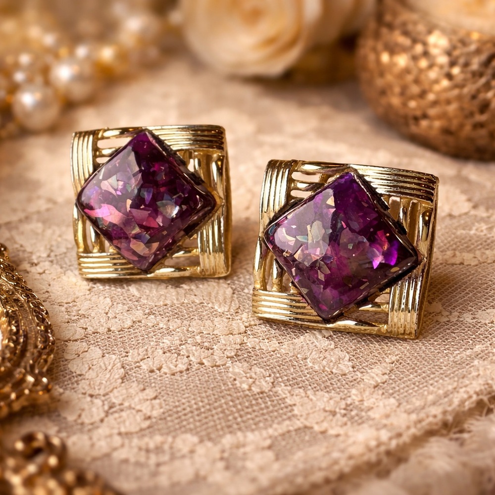 Vintage Constellation Earrings with Purple Iridescent Lucite Art Gem Clip On